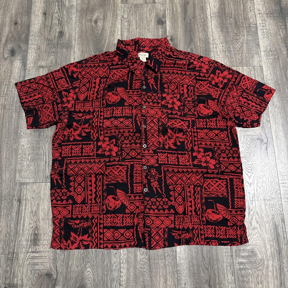 Panama Jack Shirt Mens 2XL Red Hawaiian Tropical Rayon Button Front Vintage
